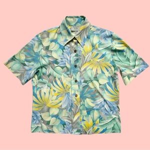 Vintage 90s Floral AOP Short Sleeve Blouse Blue Green Small